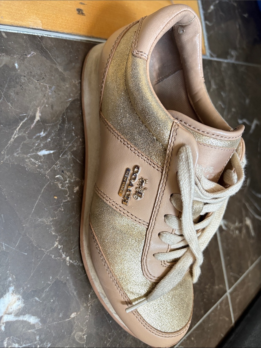 Coach Gold and Tan Leather Low-Top Sneaker